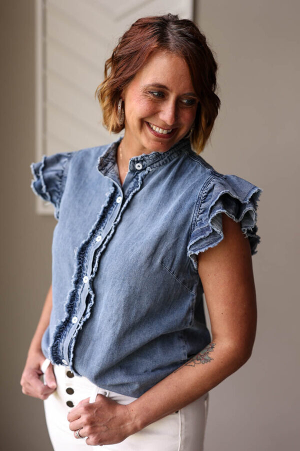 Blue Button Front Ruffle Sleeve Frayed Denim Shirt