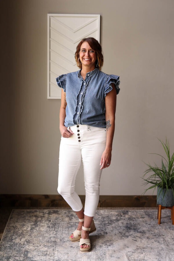 Blue Button Front Ruffle Sleeve Frayed Denim Shirt