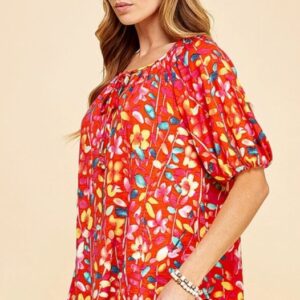 Front Tie Short Floral Print Top – Red Multi