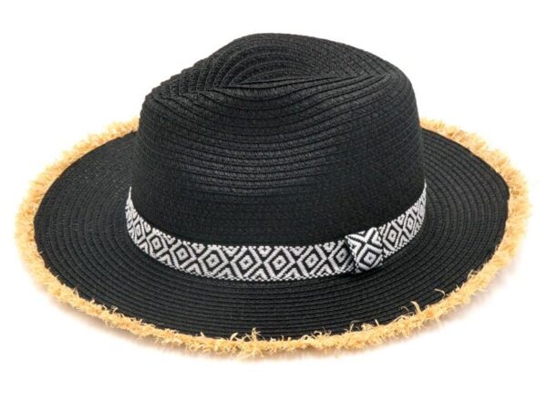 Frayed Trim Aztec Straw Hat – Black