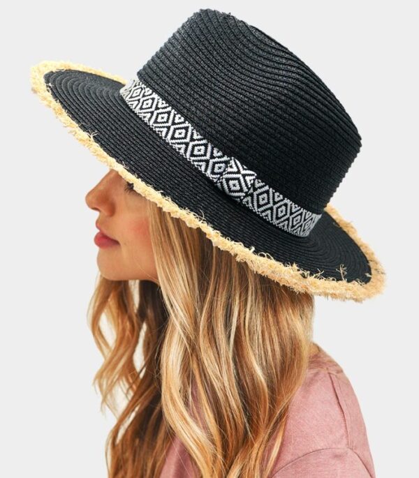 Frayed Trim Aztec Straw Hat – Black