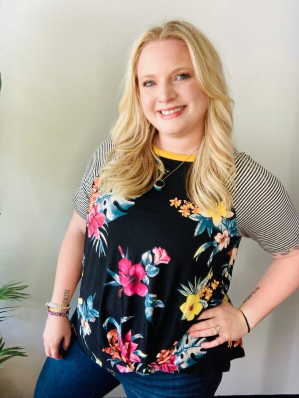 Plus Size Floral with Stripe Sleeve Tee