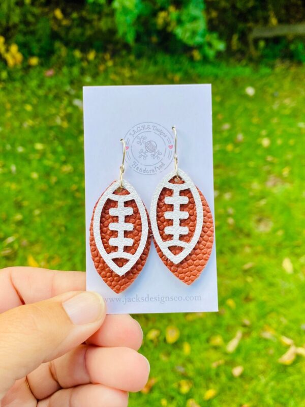 Football Earrings made with football leather 2” leaf shape