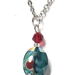 Handmade Teal & Red Glass Oval Pendant Necklace Women Gift