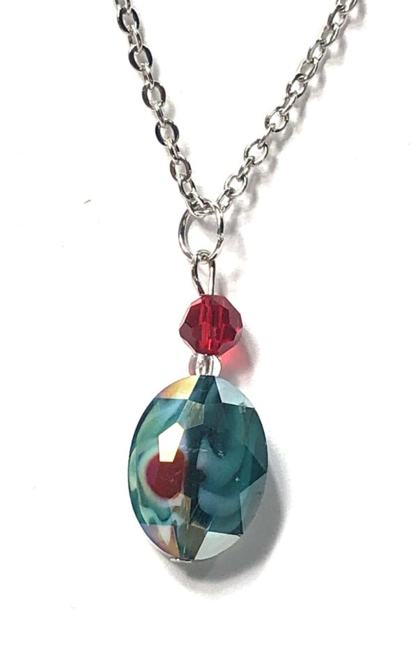 Handmade Teal & Red Glass Oval Pendant Necklace Women Gift