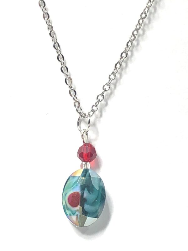 Handmade Teal & Red Glass Oval Pendant Necklace Women Gift