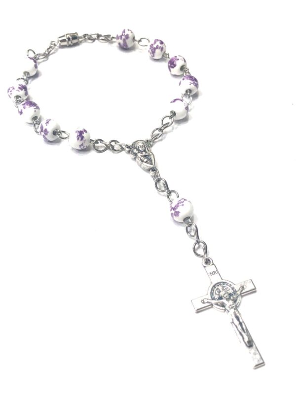 Handmade One Decade Purple White Floral Car Rosary Rear View Mirror