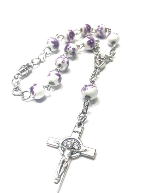 Handmade One Decade Purple White Floral Car Rosary Rear View Mirror