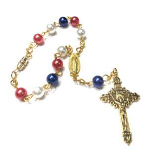Handmade Patriotic Red White Blue One Decade Car Rosary Rear View Mirror