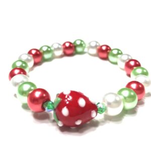 Handmade Red Green & White Strawberry Stretch Bracelet Women