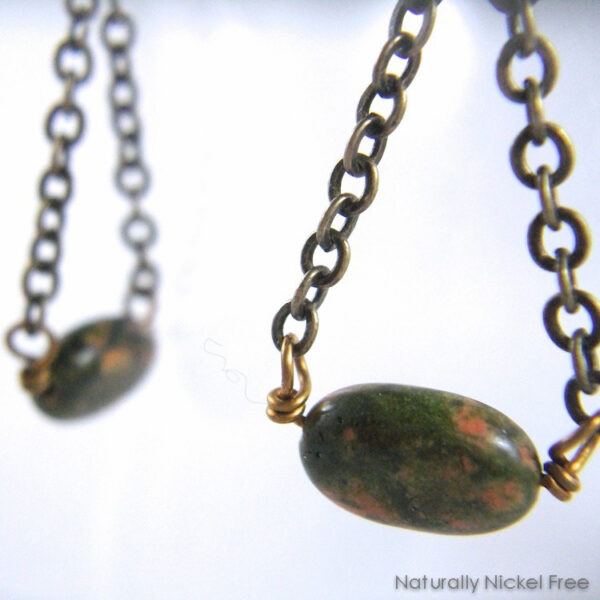 Unakite Bead Dangle Earrings with Swinging Chain