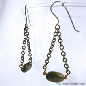 Unakite Bead Dangle Earrings with Swinging Chain