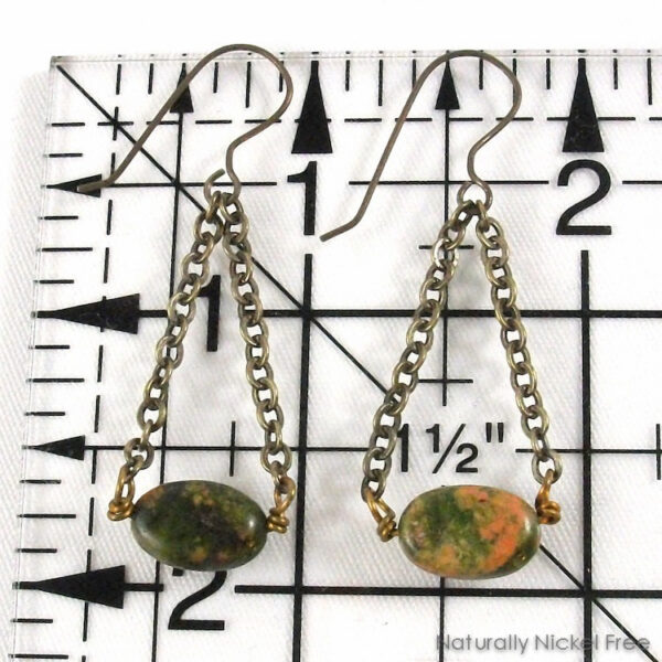 Unakite Bead Dangle Earrings with Swinging Chain