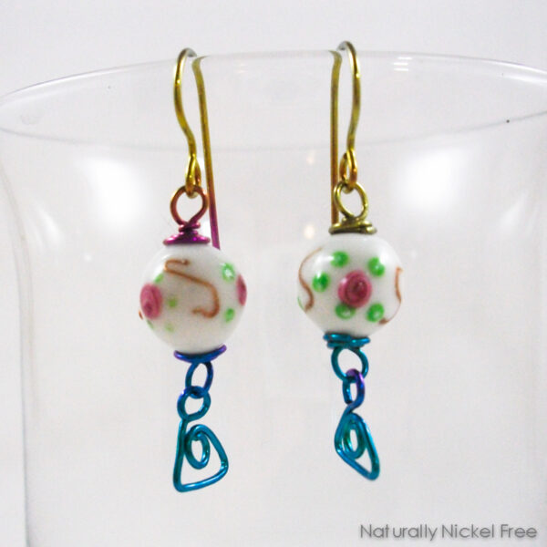 Spring Flower Earrings with Rainbow Niobium Wirework