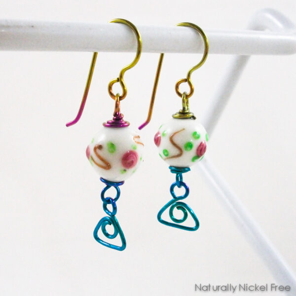 Spring Flower Earrings with Rainbow Niobium Wirework