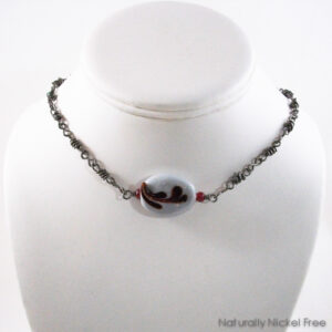 Red Floral Necklace with Handmade Niobium Chain
