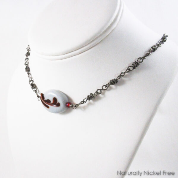 Red Floral Necklace with Handmade Niobium Chain