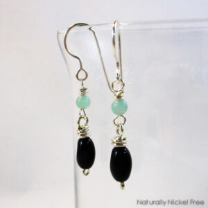 Black Glass with Green Amazonite, Argentium Silver Earrings
