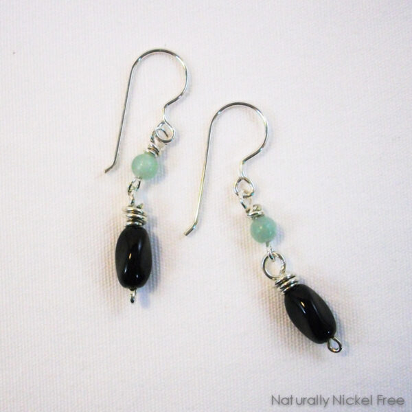 Black Glass with Green Amazonite, Argentium Silver Earrings