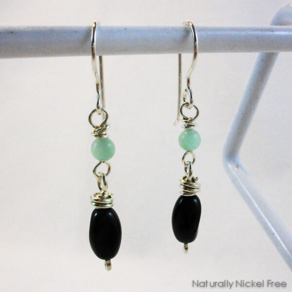 Black Glass with Green Amazonite, Argentium Silver Earrings