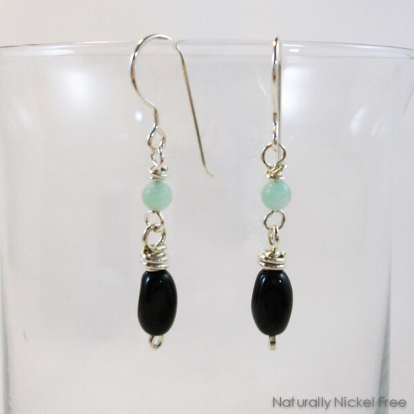 Black Glass with Green Amazonite, Argentium Silver Earrings