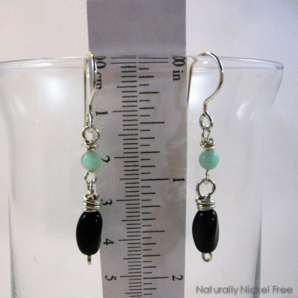 Black Glass with Green Amazonite, Argentium Silver Earrings