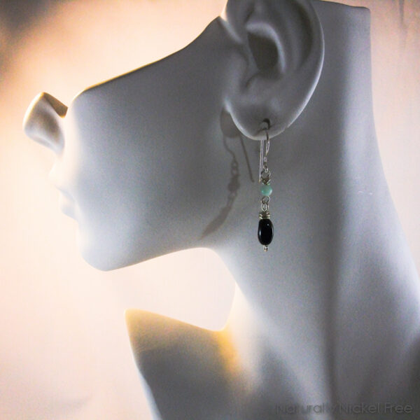 Black Glass with Green Amazonite, Argentium Silver Earrings