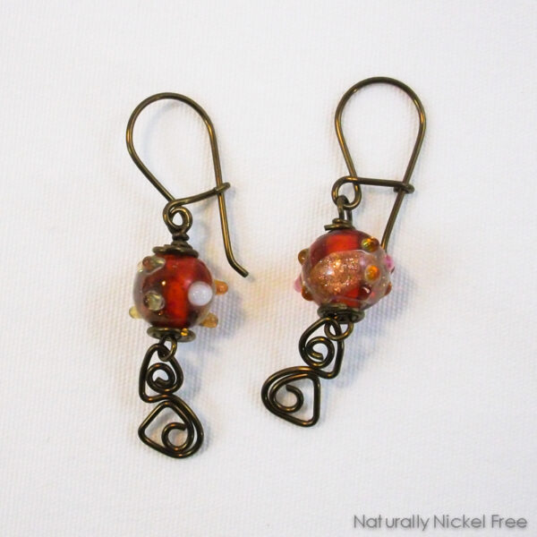 Red Lampwork Glass Earrings with Niobium Wirework