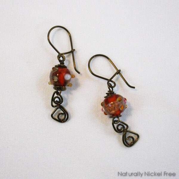 Red Lampwork Glass Earrings with Niobium Wirework