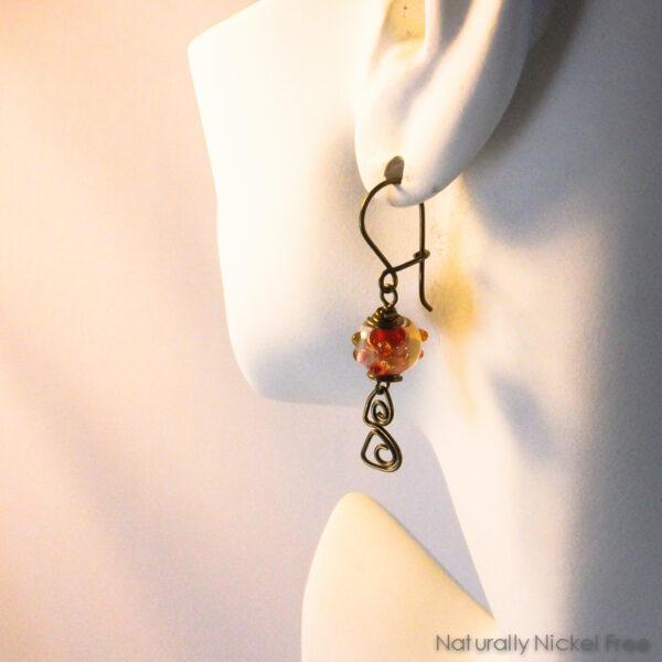 Red Lampwork Glass Earrings with Niobium Wirework