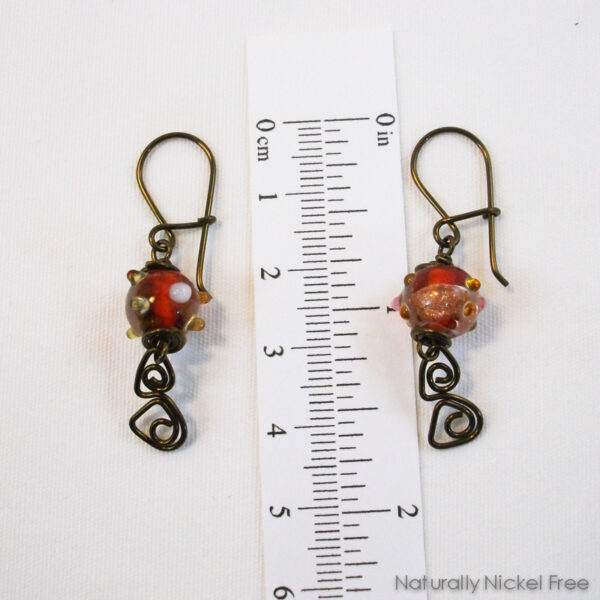 Red Lampwork Glass Earrings with Niobium Wirework