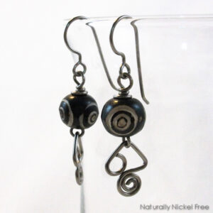 Dzi Style Carved Bead Earrings with Abstract Wire Design