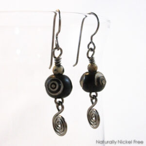 Dzi Style Carved Bead Earrings with Niobium Earwires