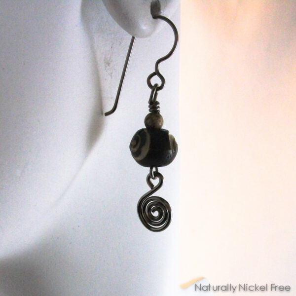 Dzi Style Carved Bead Earrings with Niobium Earwires