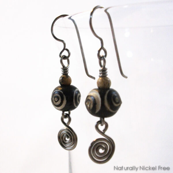 Dzi Style Carved Bead Earrings with Niobium Earwires