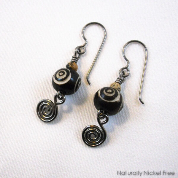 Dzi Style Carved Bead Earrings with Niobium Earwires