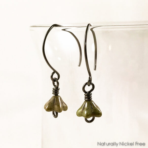 Olive Green Bell Flower Earrings, Vintage Look