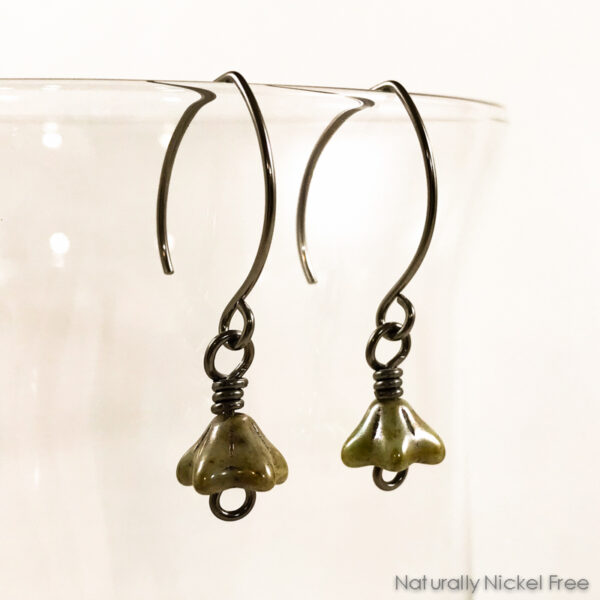 Olive Green Bell Flower Earrings, Vintage Look