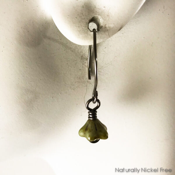 Olive Green Bell Flower Earrings, Vintage Look