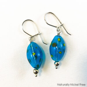 Blue Blown Glass Polka Dot Argentium Silver Earrings