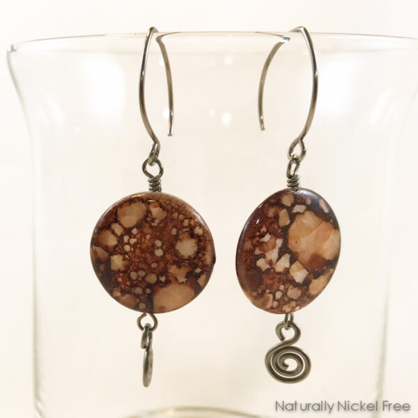 Spotted Brown Shell Niobium Earrings