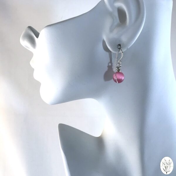 Bright Pink & Silver Cat’s Eye Wire Wrapped Earrings