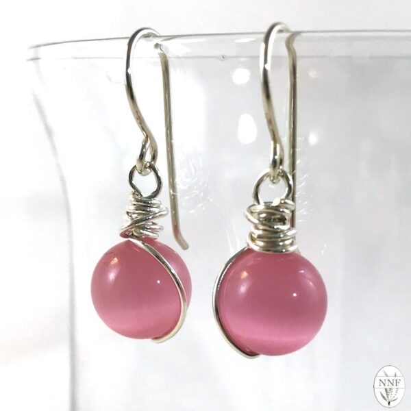 Bright Pink & Silver Cat’s Eye Wire Wrapped Earrings