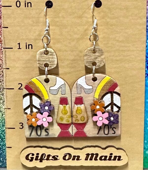 1970’s, disco, groovy Handmade wooden earrings, hand painted