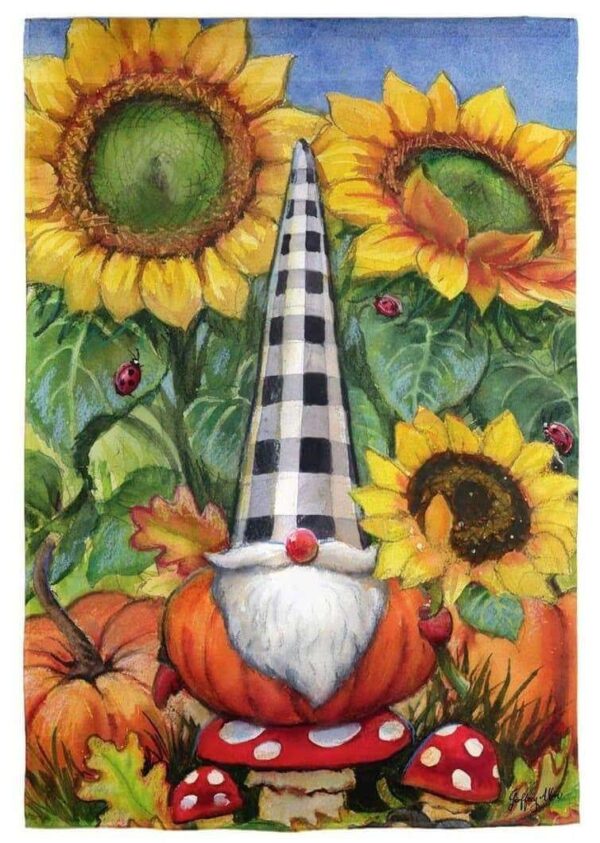 Pumpkin Gnome Garden Flag 2 Sided Sunflowers