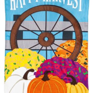 Happy Harvest Wagon Wheel Garden Flag 2 Sided Applique Pumpkins