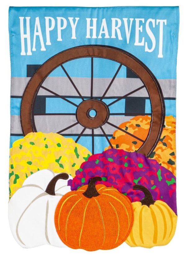 Happy Harvest Wagon Wheel Garden Flag 2 Sided Applique Pumpkins