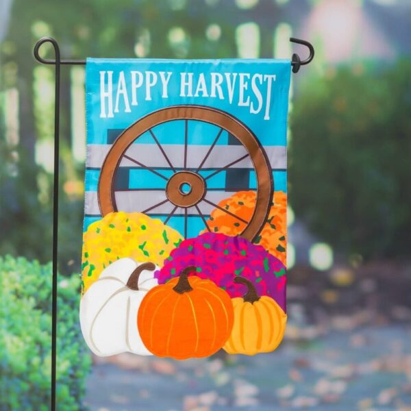 Happy Harvest Wagon Wheel Garden Flag 2 Sided Applique Pumpkins