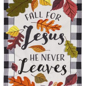 Fall for Jesus Garden Flag 2 Sided He Never Leaves