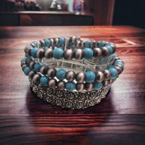 Faux Turquoise & Silver Pearl Bracelet Set